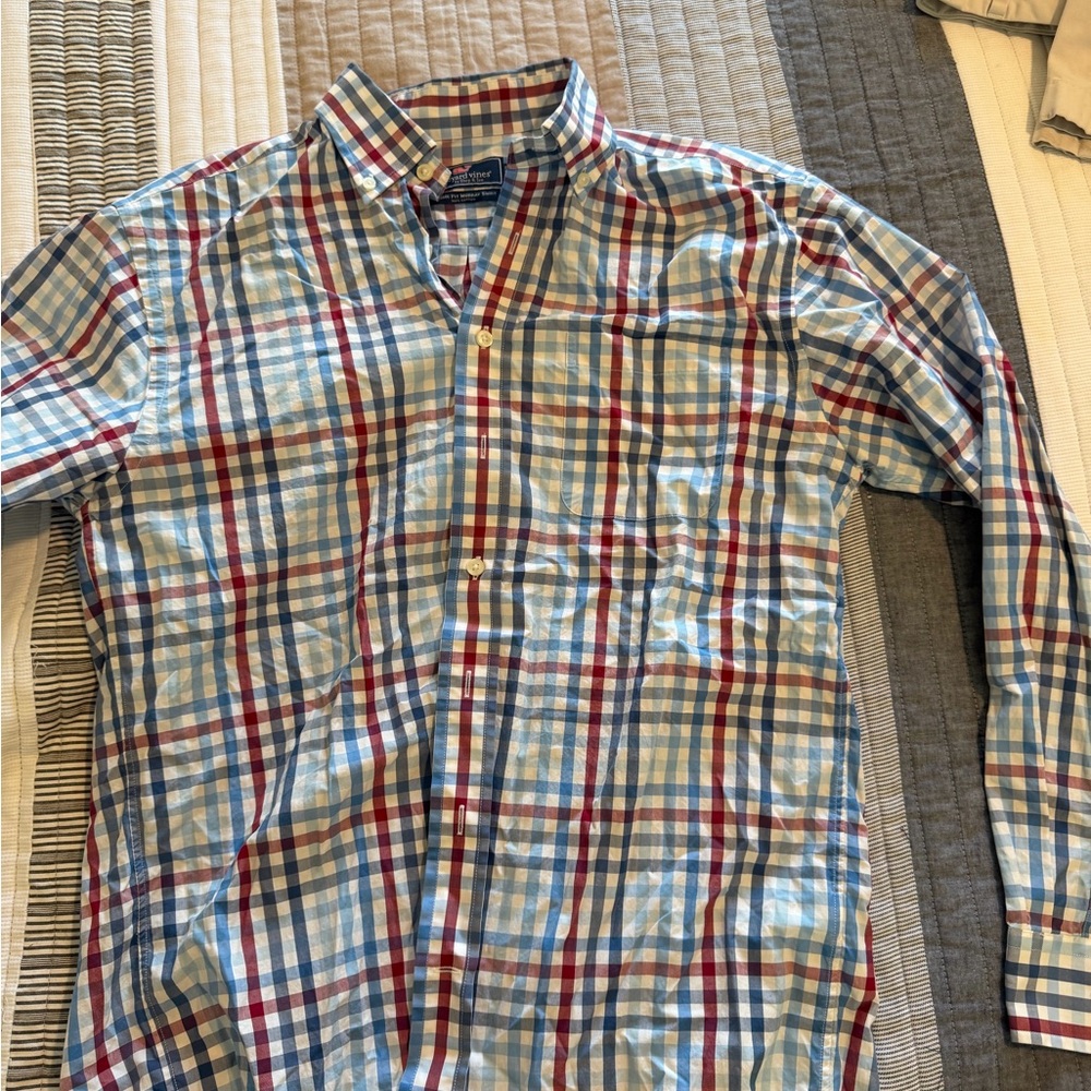 Vineyard Vines Blue Plaid Button-Down with Red and Navy Stripes